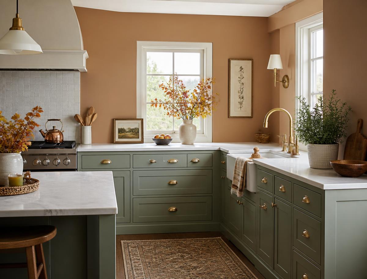 Kitchen cabinets refinished in sage green with warm tan walls