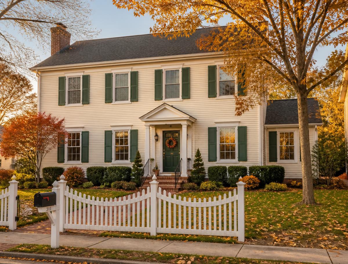 Freshly painted cream colonial home with sage green shutters in autumn