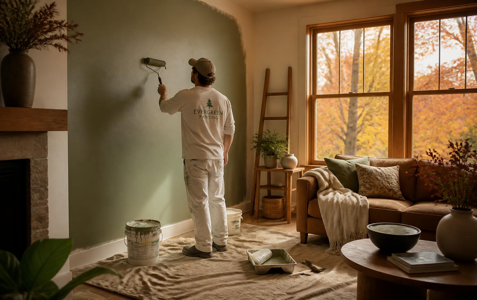 Big Yeti Painting pro rolling sage green paint in a bright fall living room